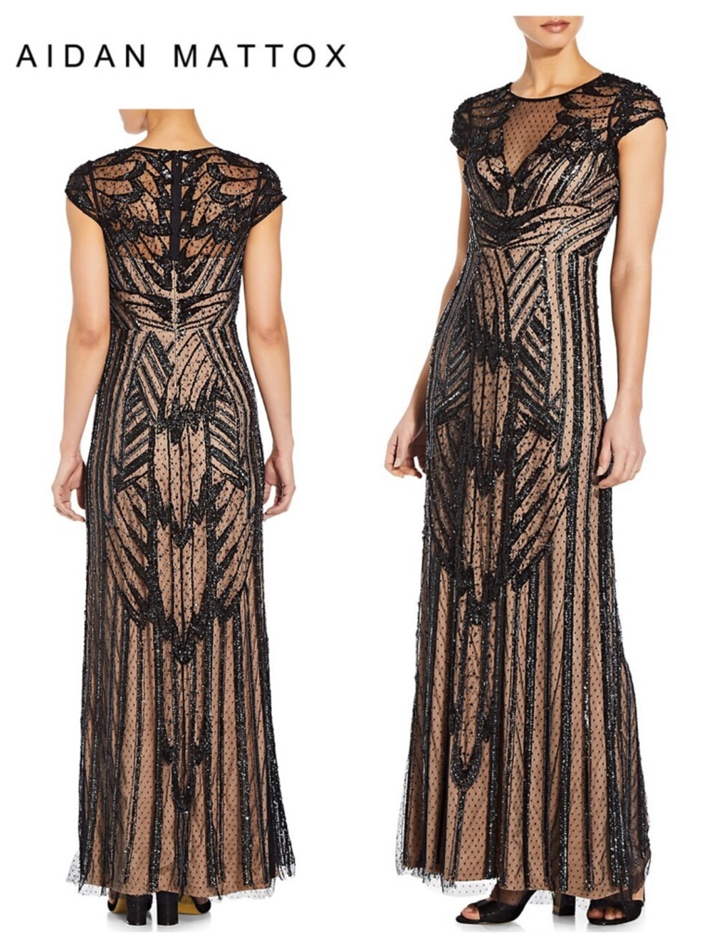 AIDAN MATTOX Beaded Cap-Sleeve Gown
